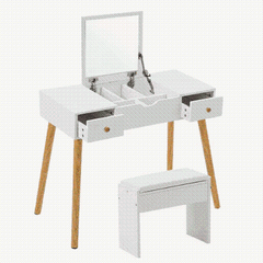 Dressing Table Makeup Stool Set with Foldable Mirror and Computer Desk - SHI13RO0