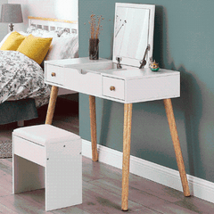 Dressing Table Makeup Stool Set with Foldable Mirror and Computer Desk - SHI13RO1