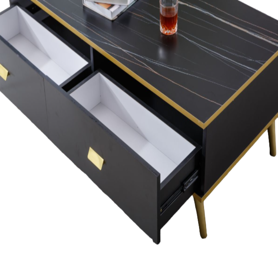 White and black bone inlay coffee table with gold accents and wooden legs - CT-3021
